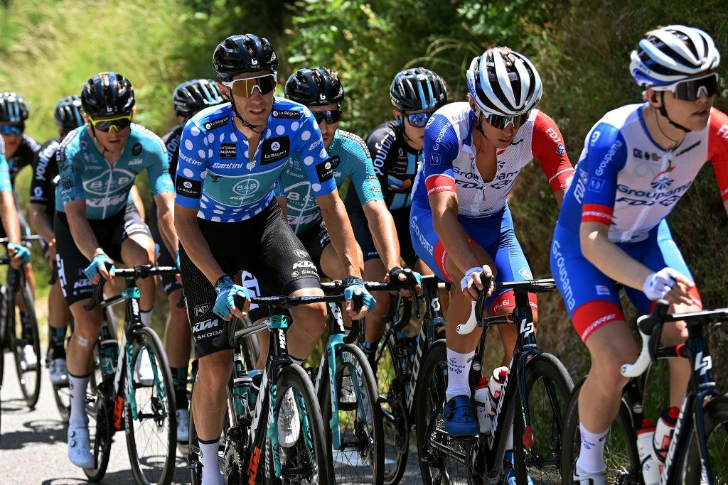 BRIVESCHARENSAC FRANCE JUNE 06 LR Pierre Rolland of France and Team BB Hotels PB KTM Polka Dot Mountain Jersey and Valentin Madouas of France and Team Groupama FDJ compete during the 74th Criterium du Dauphine 2022 Stage 2 a 1698km stage from SaintPray to BrivesCharensac WorldTour Dauphin on June 06 2022 in BrivesCharensac France Photo by Dario BelingheriGetty Images