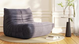 Grey bean bag chair in room next to book