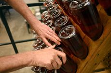 Sparkling wine bottles with deep punts. Taken at a winery in F&aring;revejle Kirkeby, Denmark.