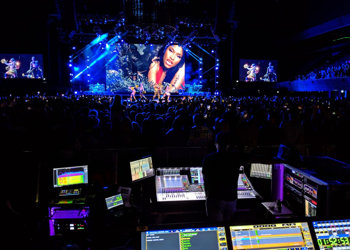 Kevin Brown manning Nicki Minaj’s FOH mix for her Euro/UK Nicki WRLD tour with Juice WRLD on the DiGiCo SD5