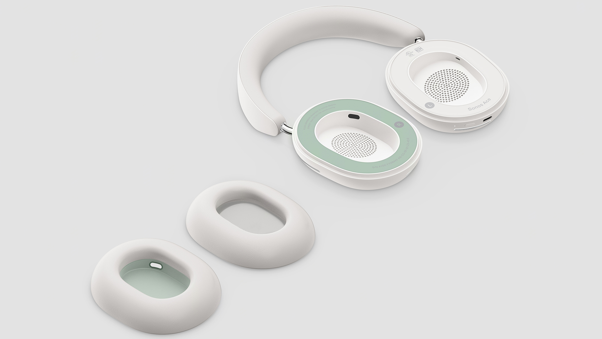 Sonos Ace headphones with their earpads removed, showing the structure underneath