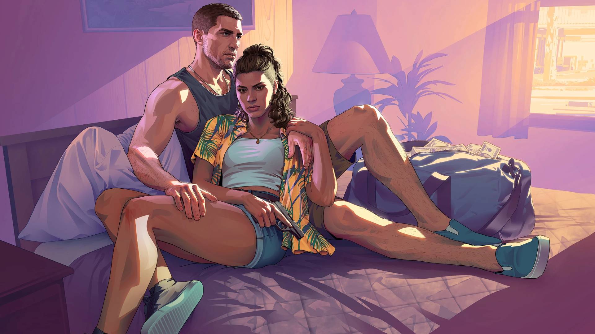 Key art of GTA 6&#039;s Jason and Lucia.