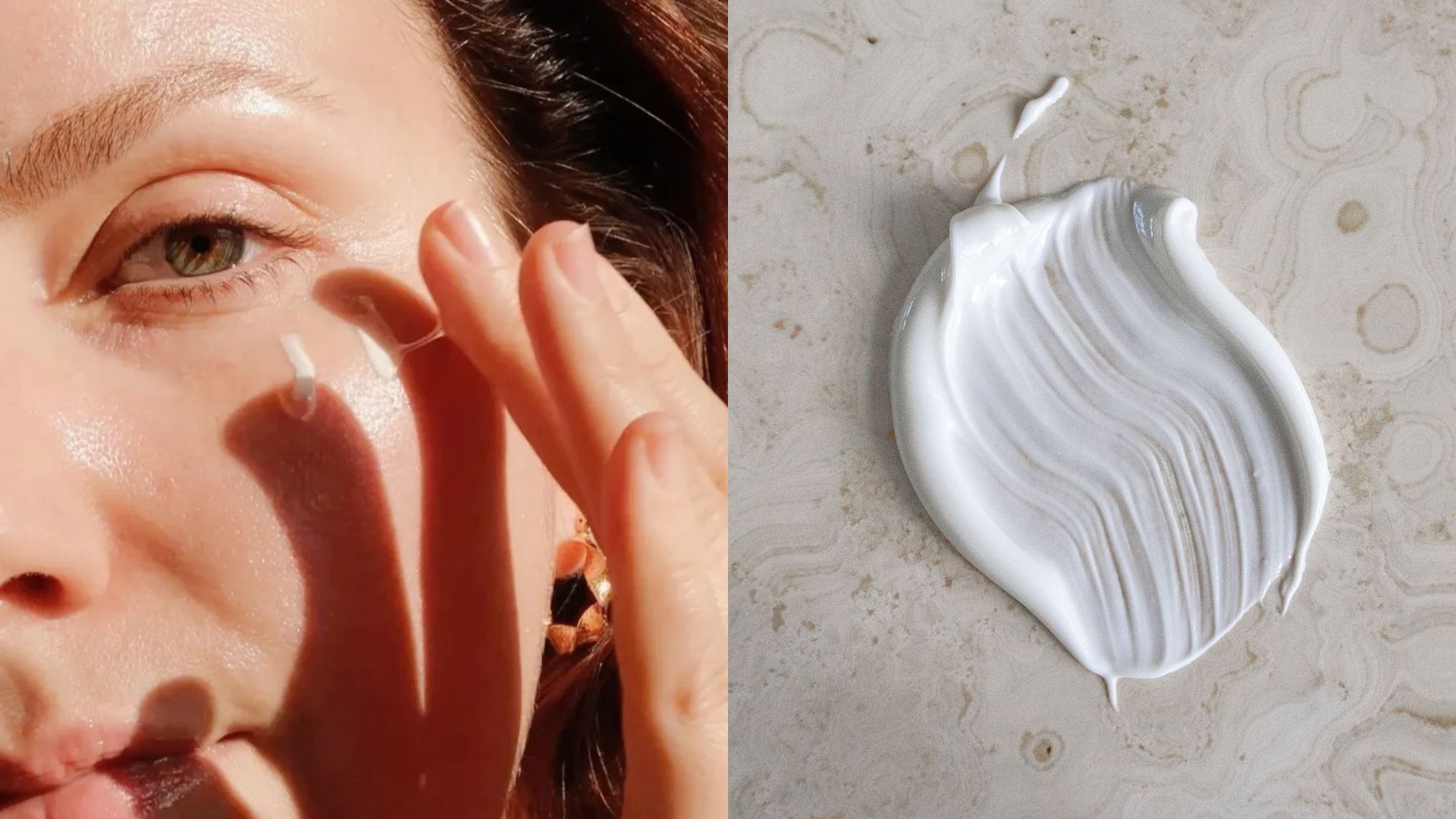Split image of a woman applying eye cream.