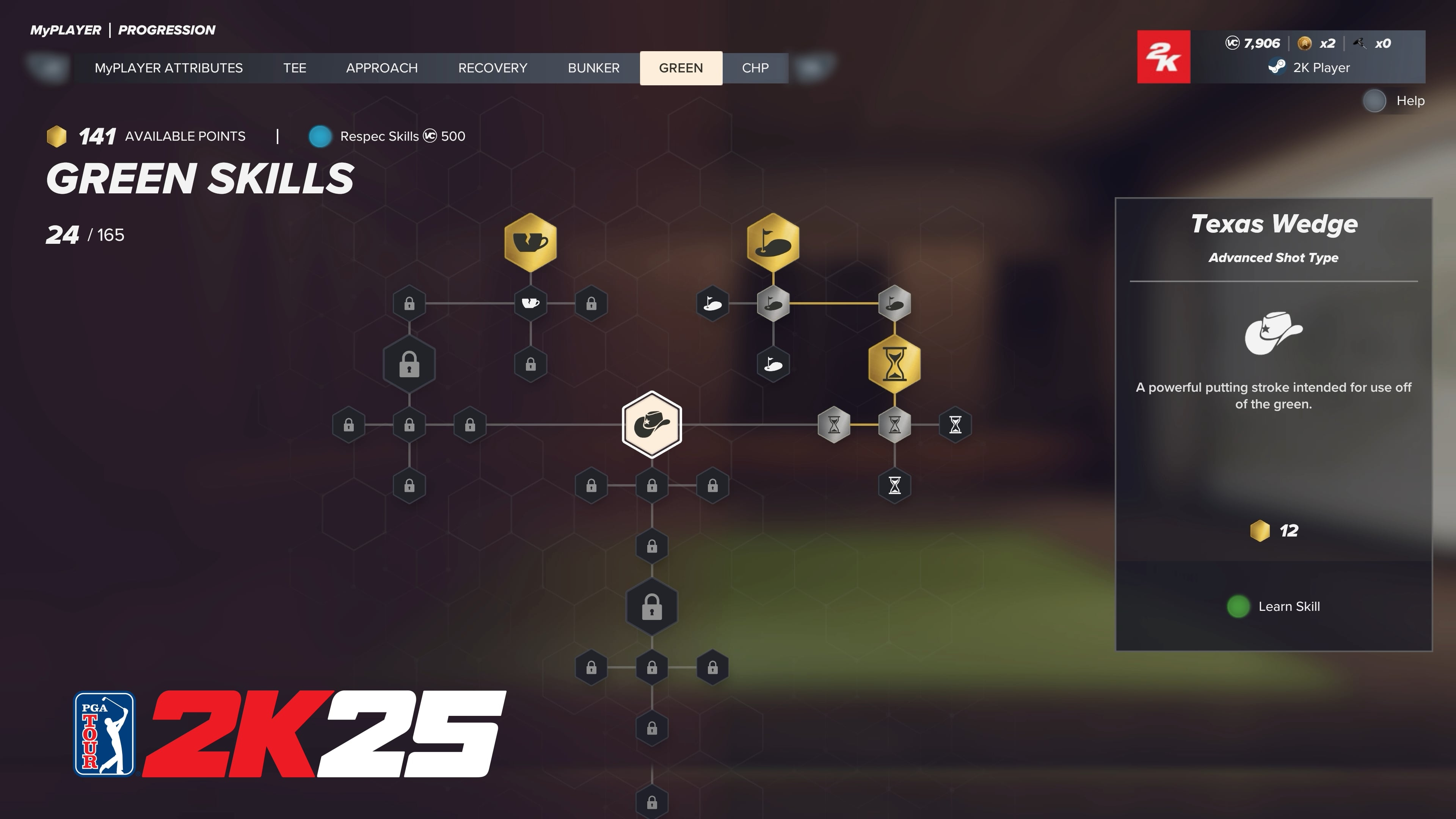 A close up of the skill tree from PGA Tour 2K25