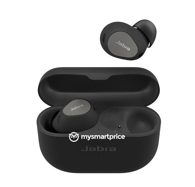 A leaked render of the Jabra Elite 10 in black in its charging case.