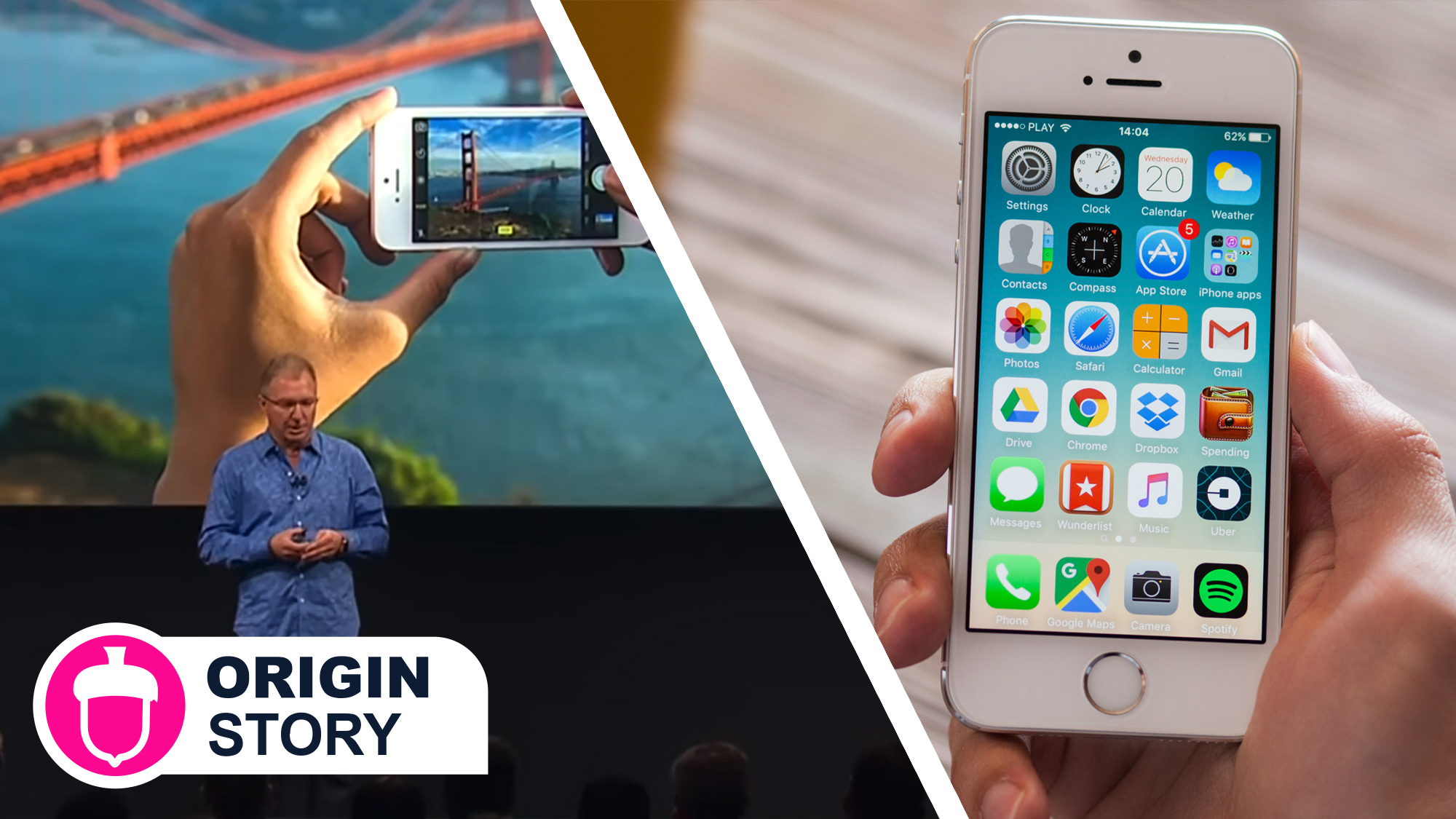 Greg Joswiak introducing the iPhone SE next to a hand holding the iPhone SE