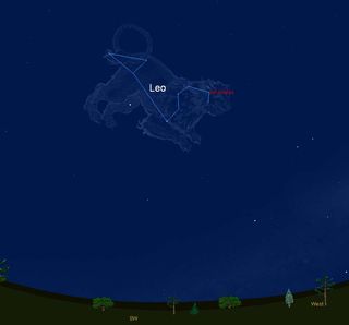 This sky map shows the location of the constellation Leo, the Lion, which includes the star Rasalas, on May 22, 2012 at 9 p.m. Rasalas can be used as a marker to try an find Venus in the daytime sky.