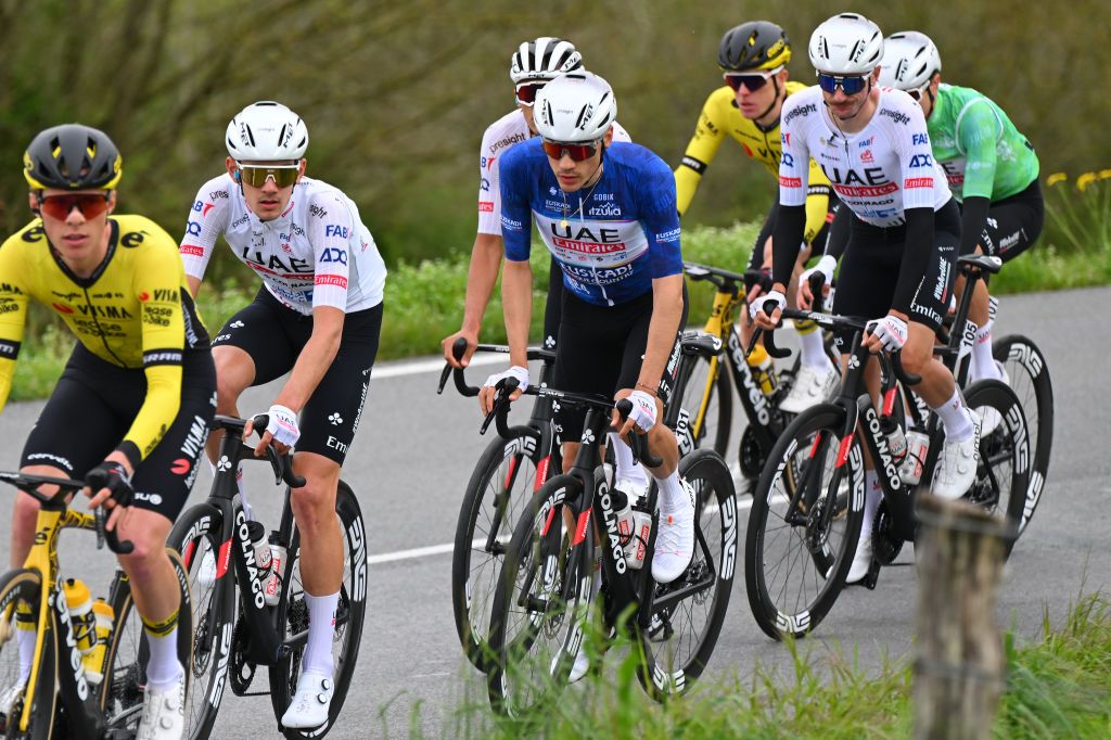 KANBO FRANCE APRIL 02 LR Igor Arrieta of Spain and Juan Ayuso of Spain and UAE Team Emirates Blue Best Young Rider Jersey compete during the 63rd Itzulia Basque Country 2024 Stage 2 a 160km stage from Irun to Kanbo UCIWWT on April 02 2024 in Kanbo France Photo by Tim de WaeleGetty Images