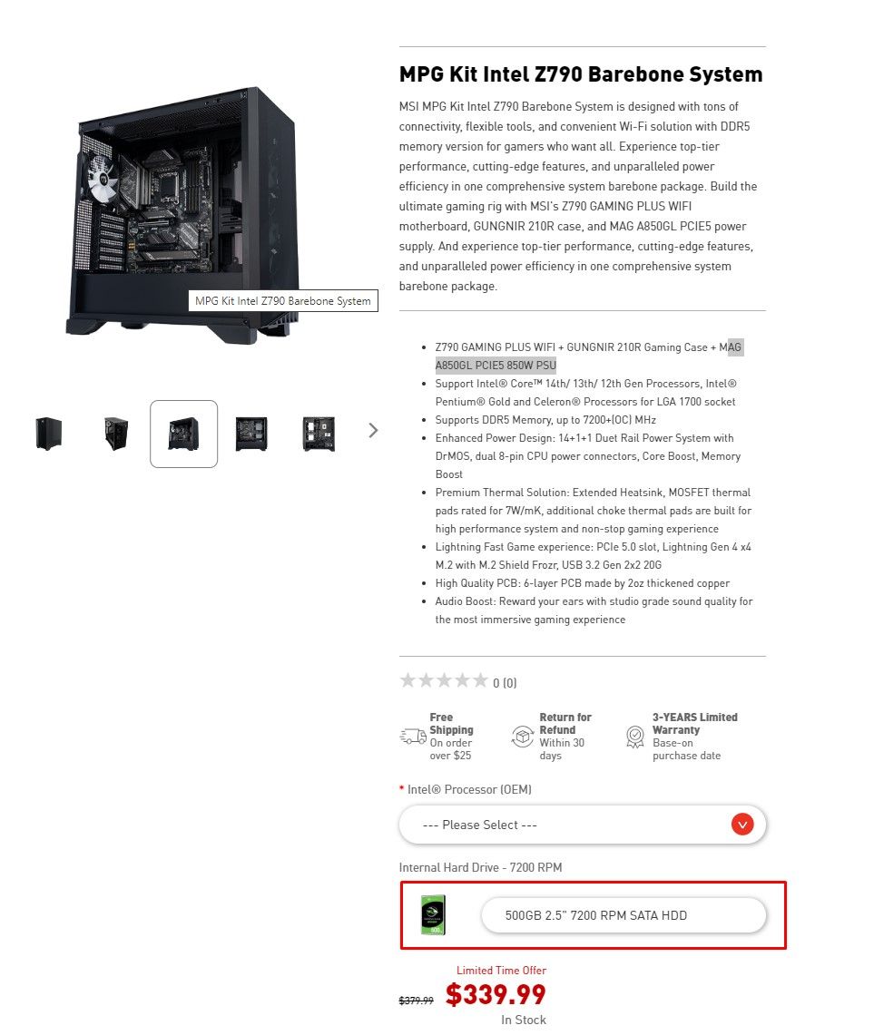 MSI barebones PC with free 500GB hard drive
