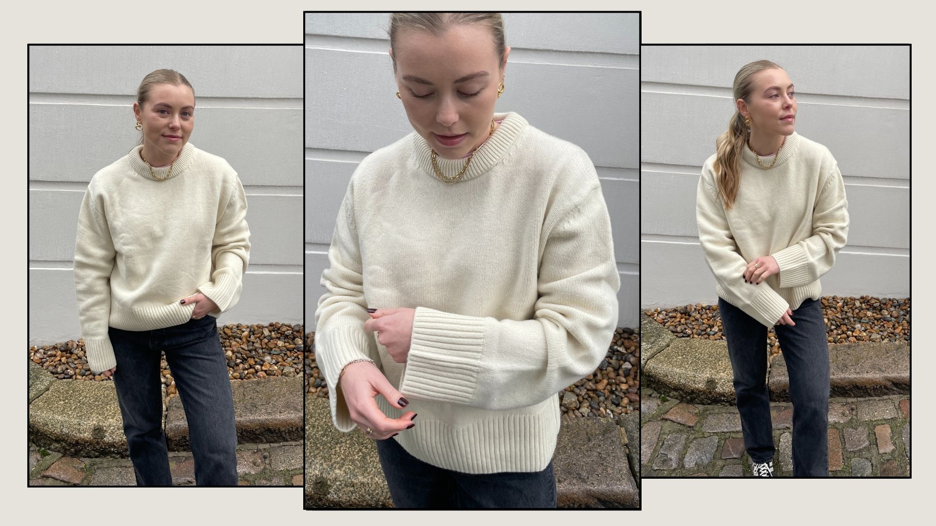 Woman wears cream jumper and black jeans 