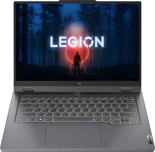 grey gaming laptop with Legion logo on screen