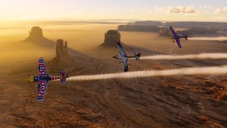 Three planes flying through Monument Valley in Microsoft Flight Simulator (2020)