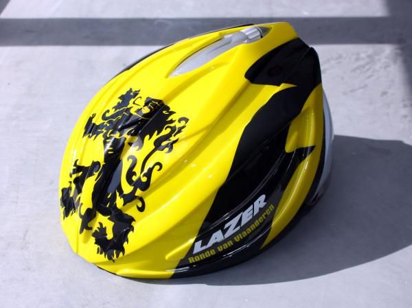 Katusha riders will sport these specially finished polycarbonate helmet covers at Ronde van Vlaanderen to help protect their heads from cold wind and rain.