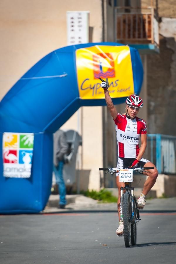 Annika Langvad (Team Fujibikes Rockets) celebrates a win in Cyprus