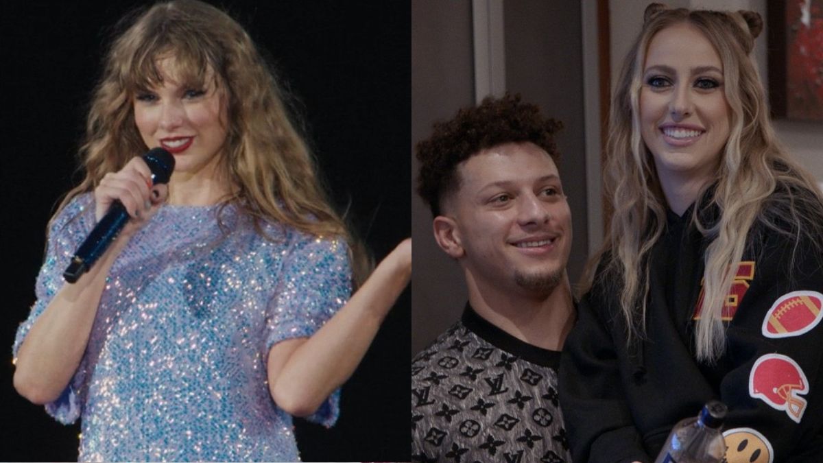 From left to right, Taylor Swift singing into a mic during the Eras Tour and (L to R) Patrick Mahomes and Brittany Mahomes sitting in his lap in Netflix&#039;s Quarterback.