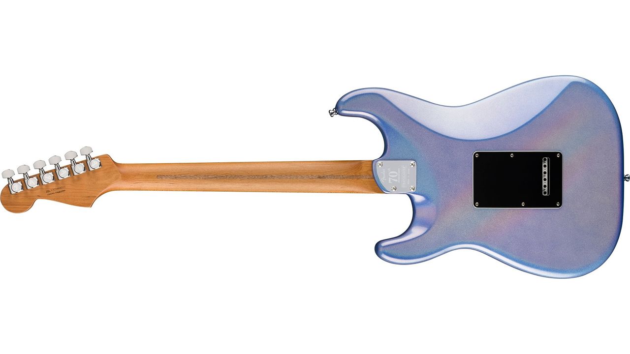 Fender's 70th Anniversary Ultra Strat HSS guitar, viewed from the back