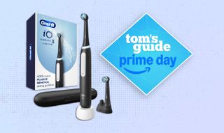 oral-B iO3 electric toothbrush on a blue background with a prime day tag