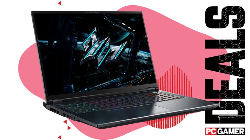 An Acer Predator Helios Neo 16S AI gaming laptop on a pink background, with deals text and the PC Gamer logo on the far right