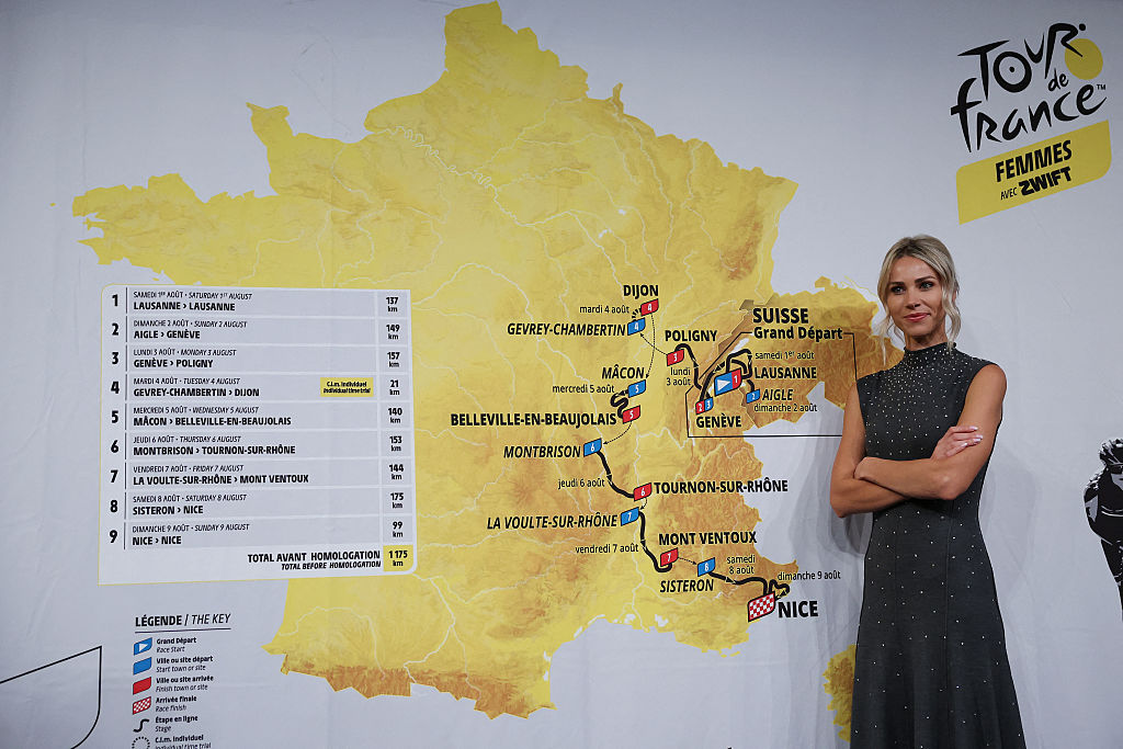 Director of the women&#039;s Tour de France cycling race Marion Rousse poses for a picture in front of the map showing the women&#039;s route during the presentation of the official routes of the 2026 edition of the men&#039;s and women&#039;s Tour de France cycling race in Paris on October 23, 2025. (Photo by Anne-Christine POUJOULAT / AFP)