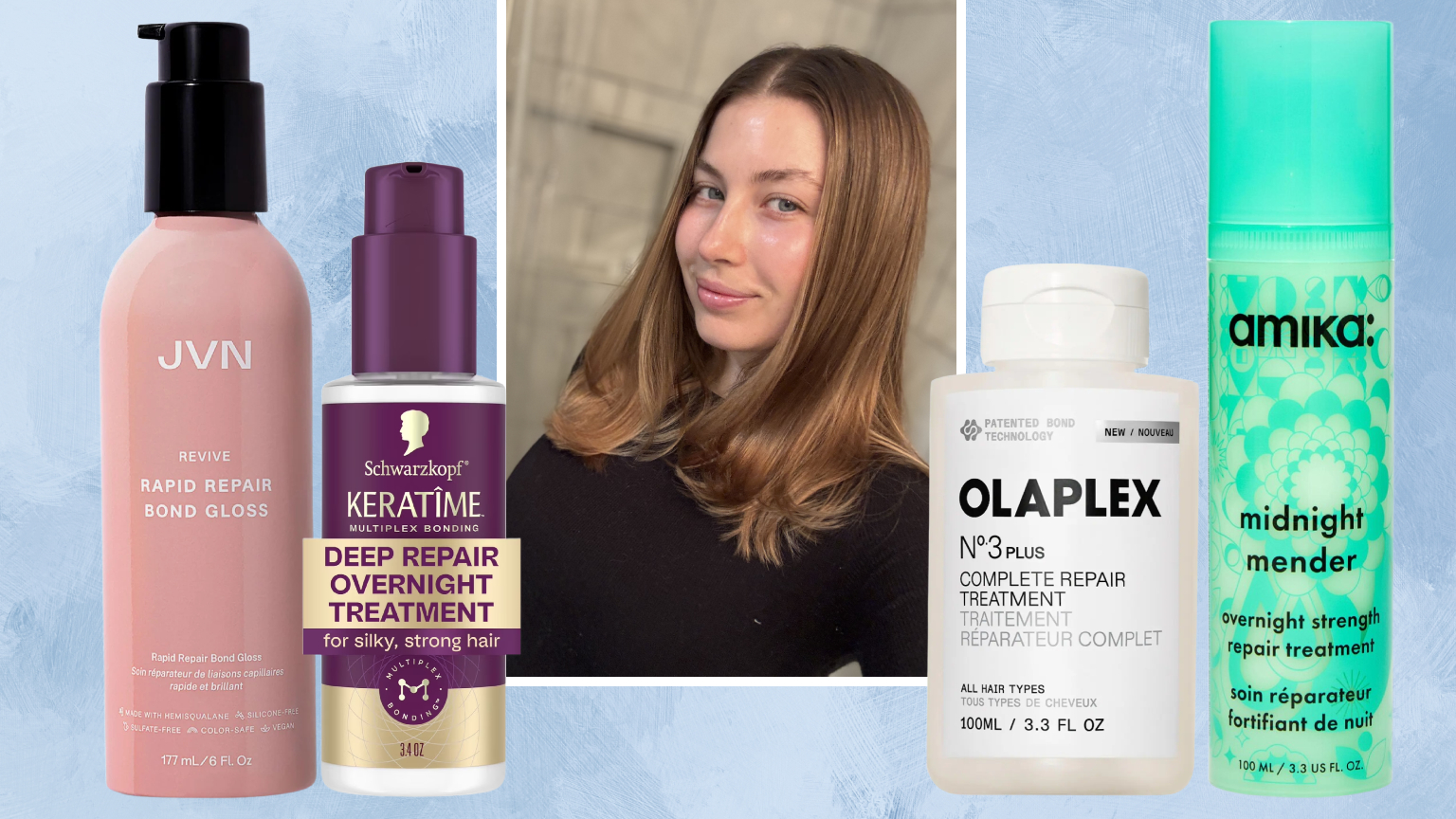 bond repair products in an art treatment on a blue background next to a brunette woman in a black turtleneck sweater