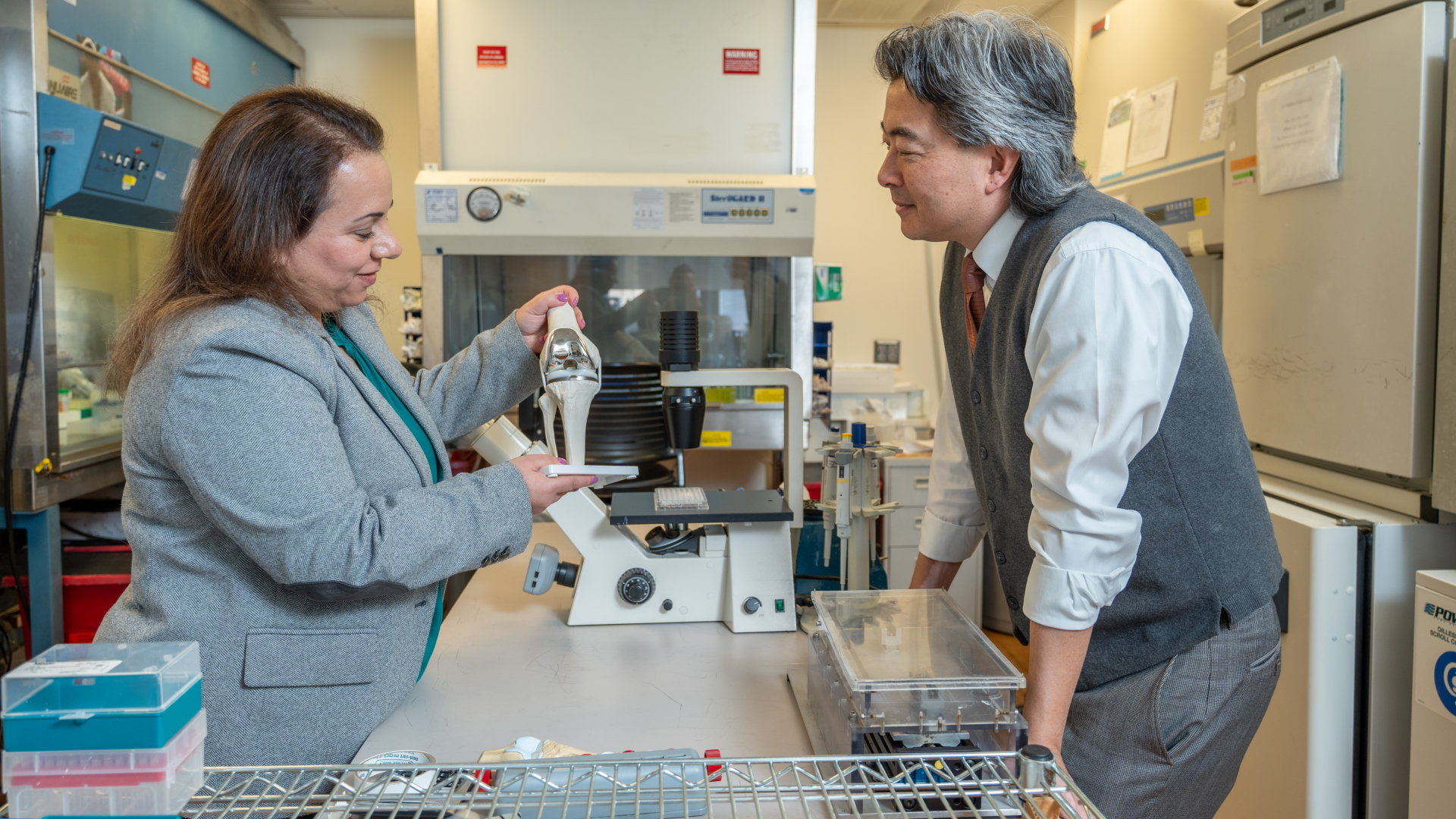 A man with long gray hair wearing a brown vest and white shirt speaks with a woman with long brown hair as they both look at various prosthetic limbs.
