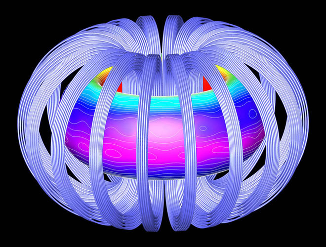 This science illustration shows the plasma surface and toroidal, or doughnut-shaped, magnetic field coils of the International Thermonuclear Experimental Reactor (ITER).