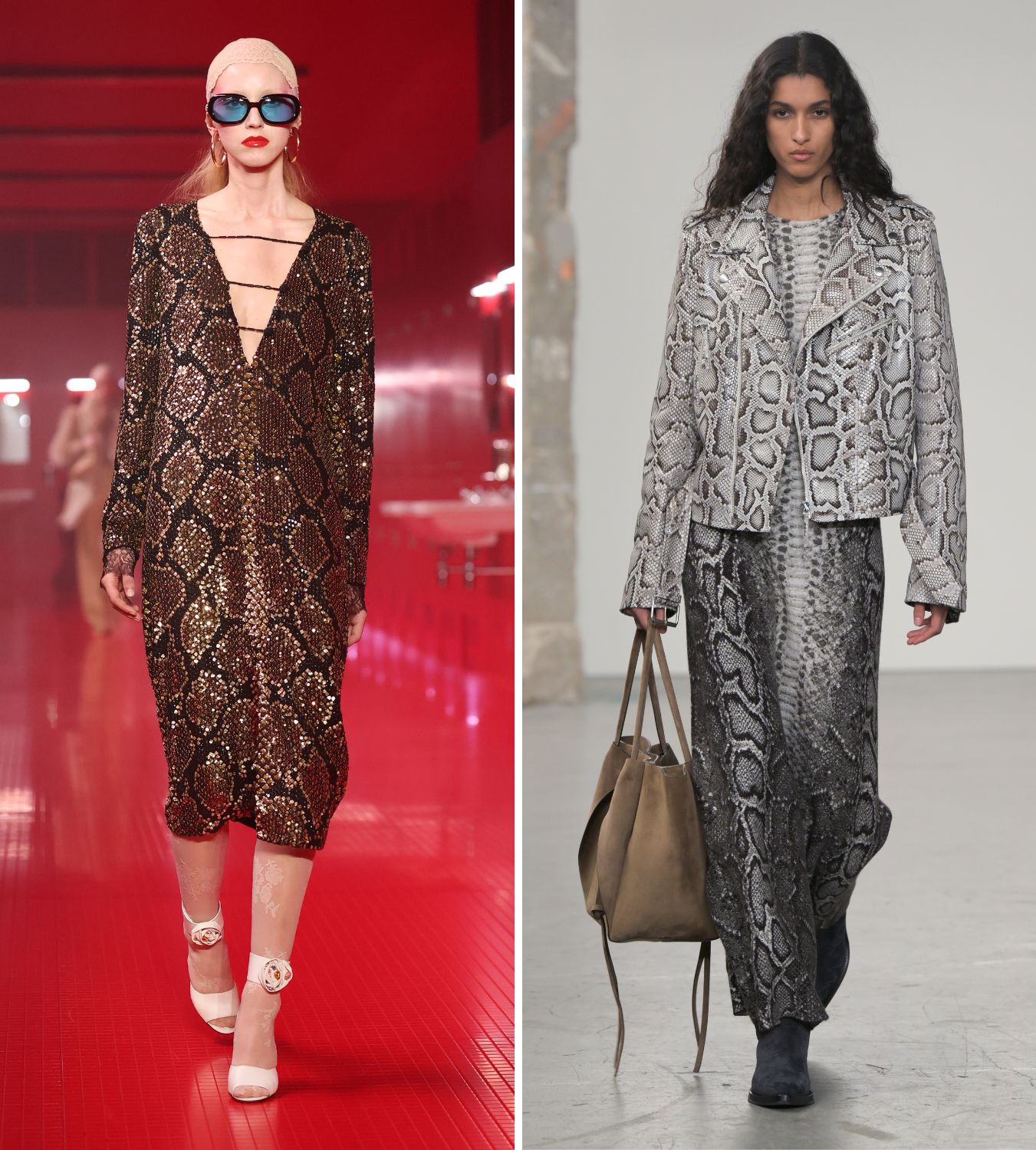 models wearing snake print clothes at the valentino and gabriela hearst aw25 shows