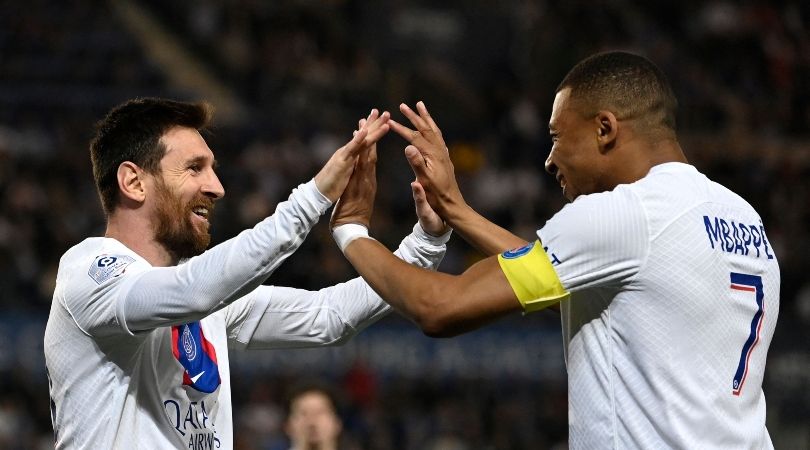 Lionel Messi and Kylian Mbappe celebrate after the Argentine&#039;s goal against Strasbourg in Ligue 1 in May 2023.