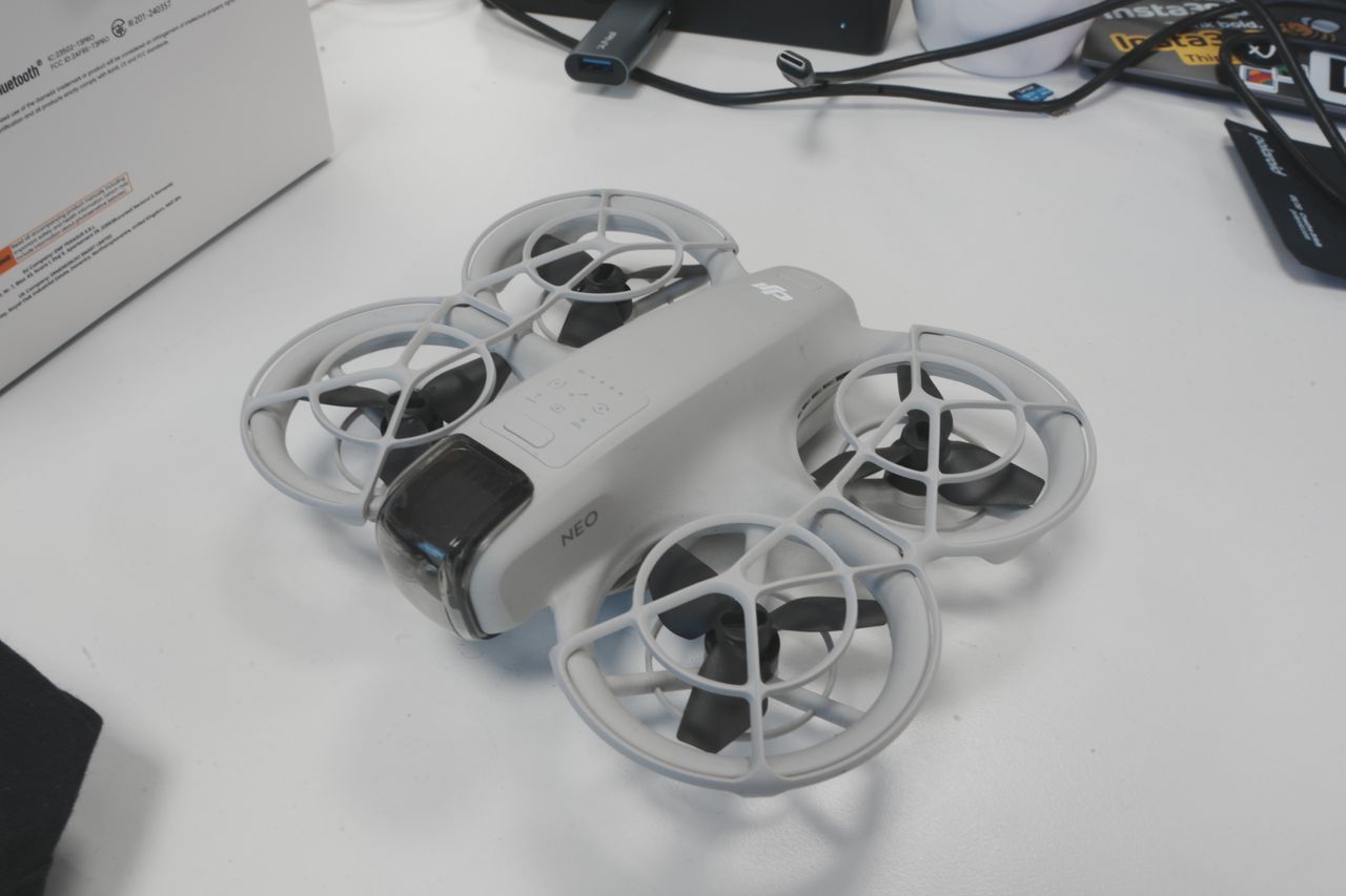 A photo of a DJI Neo drone, taken on a Sony A1 II mirrorless camera and with a Sony FE 28-70mm F2 GM lens