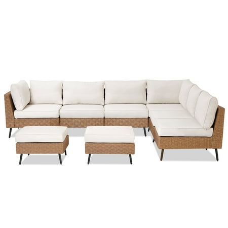Lausaint Home 8-Piece Patio Furniture Set, Outdoor Sectionals With 6 Chairs, 2 Ottomans and Plush Beige Cushions