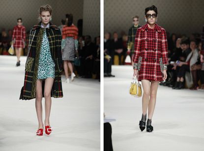 2 individual images with Female models on the runway of Miu Miu A/W 2015 Womens fashion show