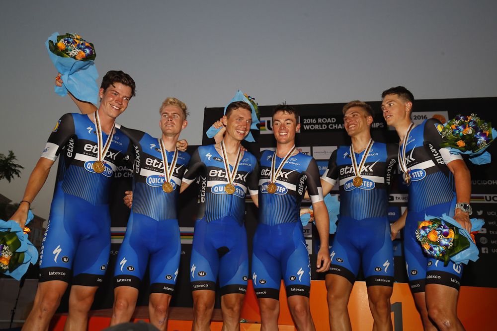 Etixx - QuickStep celebrate in the Worlds TTT podium