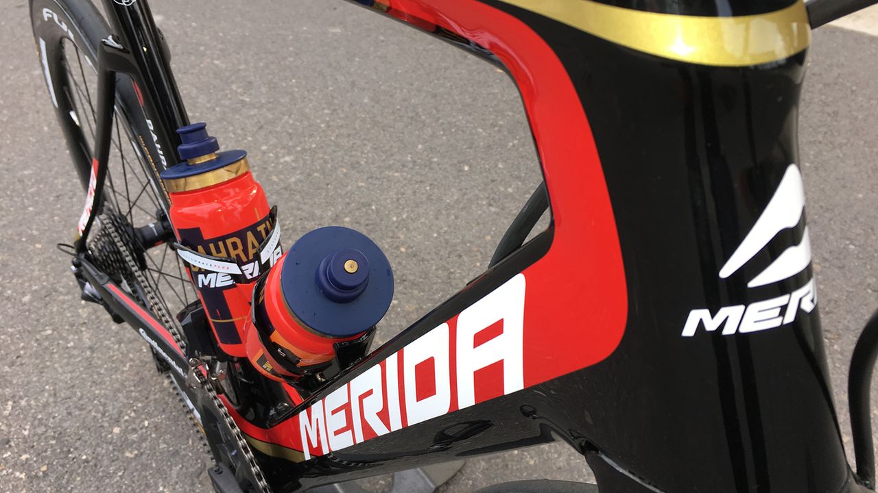 The frameset is paired with Elite Custom Race Plus cages and team-issue bidons