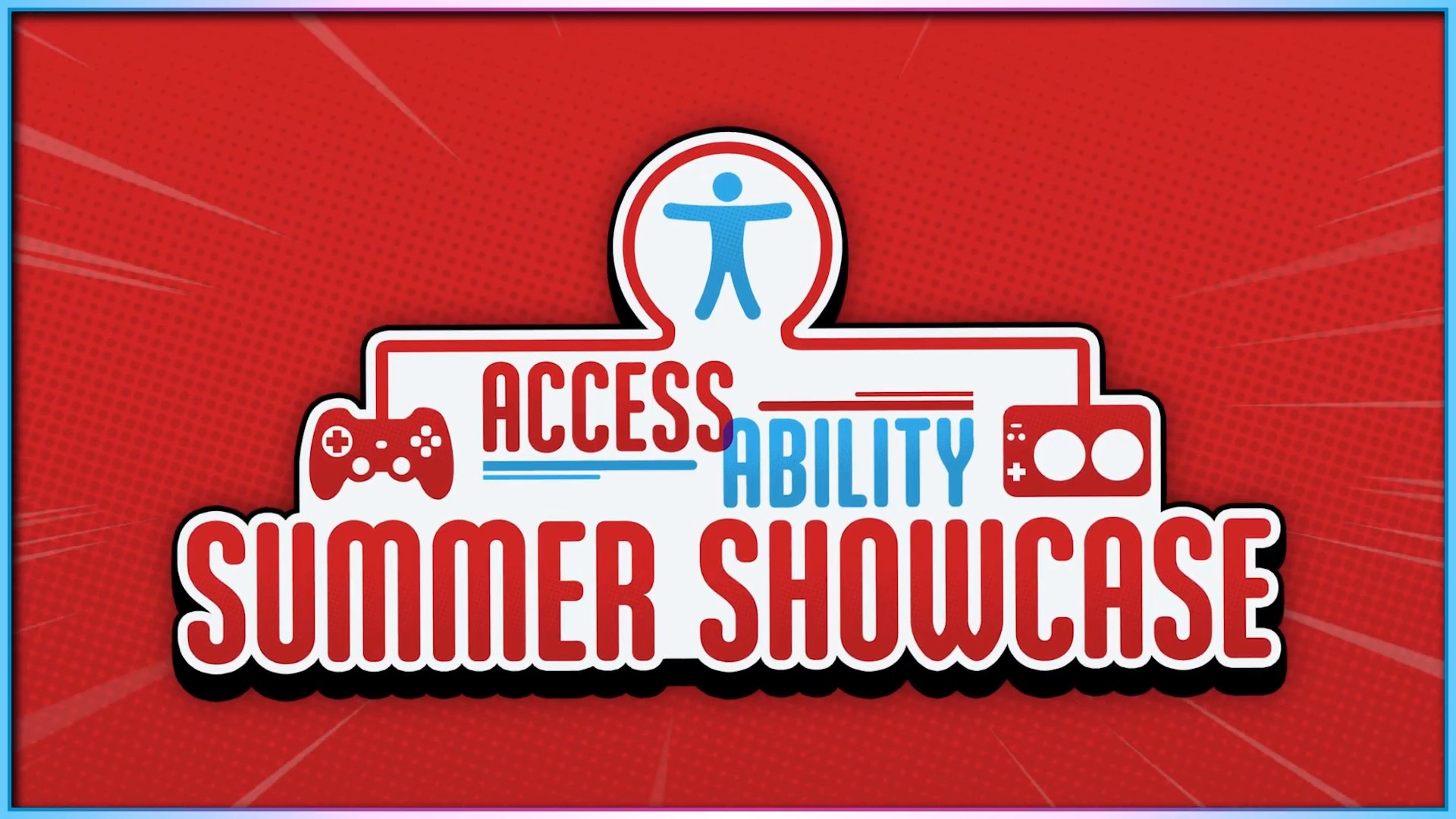 The Access-Ability Summer Showcase  logo. It's red, blue, and white and features a person standing on top of the show name with two different controllers connected on either side of them.