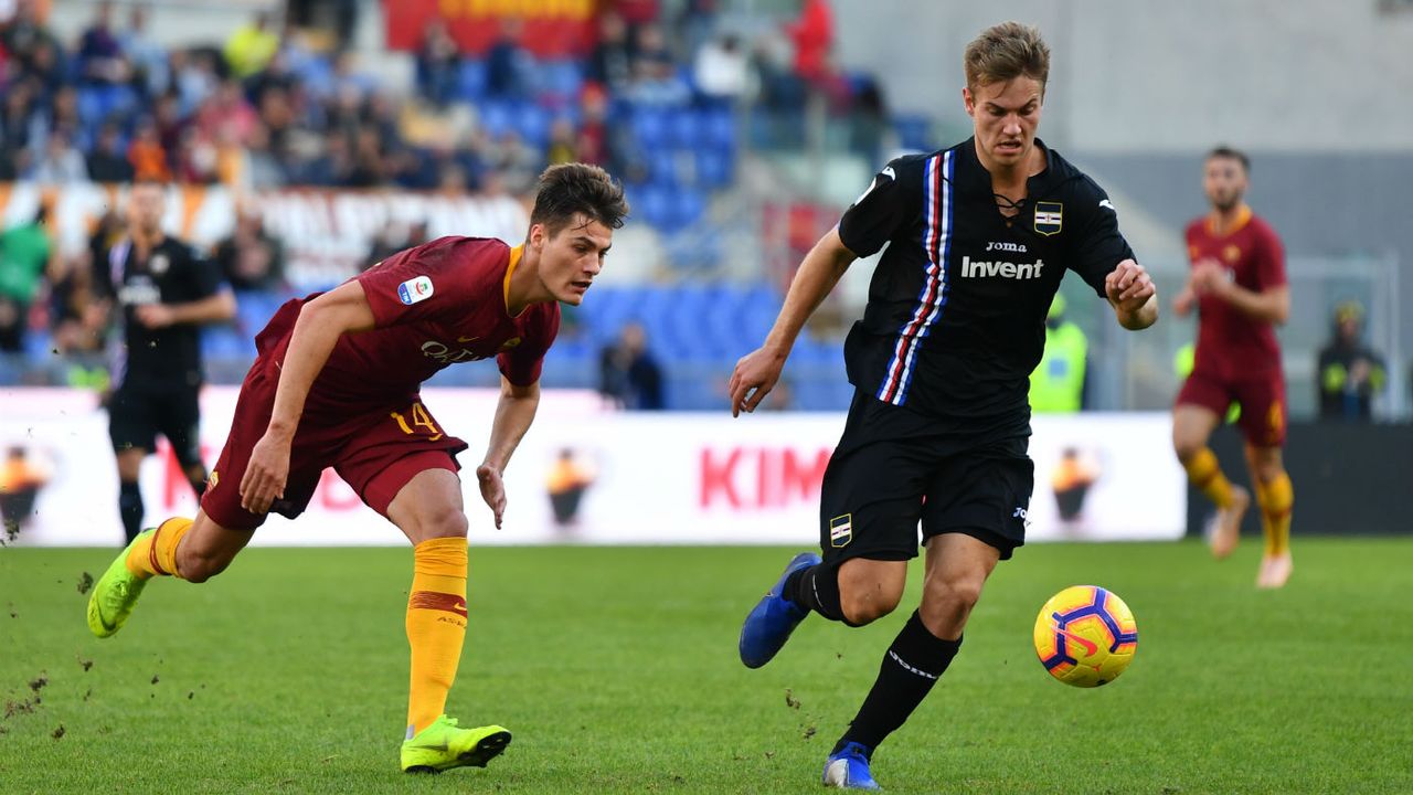 Sampdoria’s Danish defender Joachim Andersen (right) in action against AS Roma