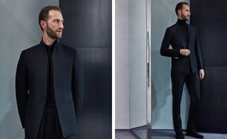 A male model wearing two looks from Kilgour's collection. The first look features a black shirt and dark blue suit. And the second look also features a dark blue suit in a different style and black turtle neck jumper