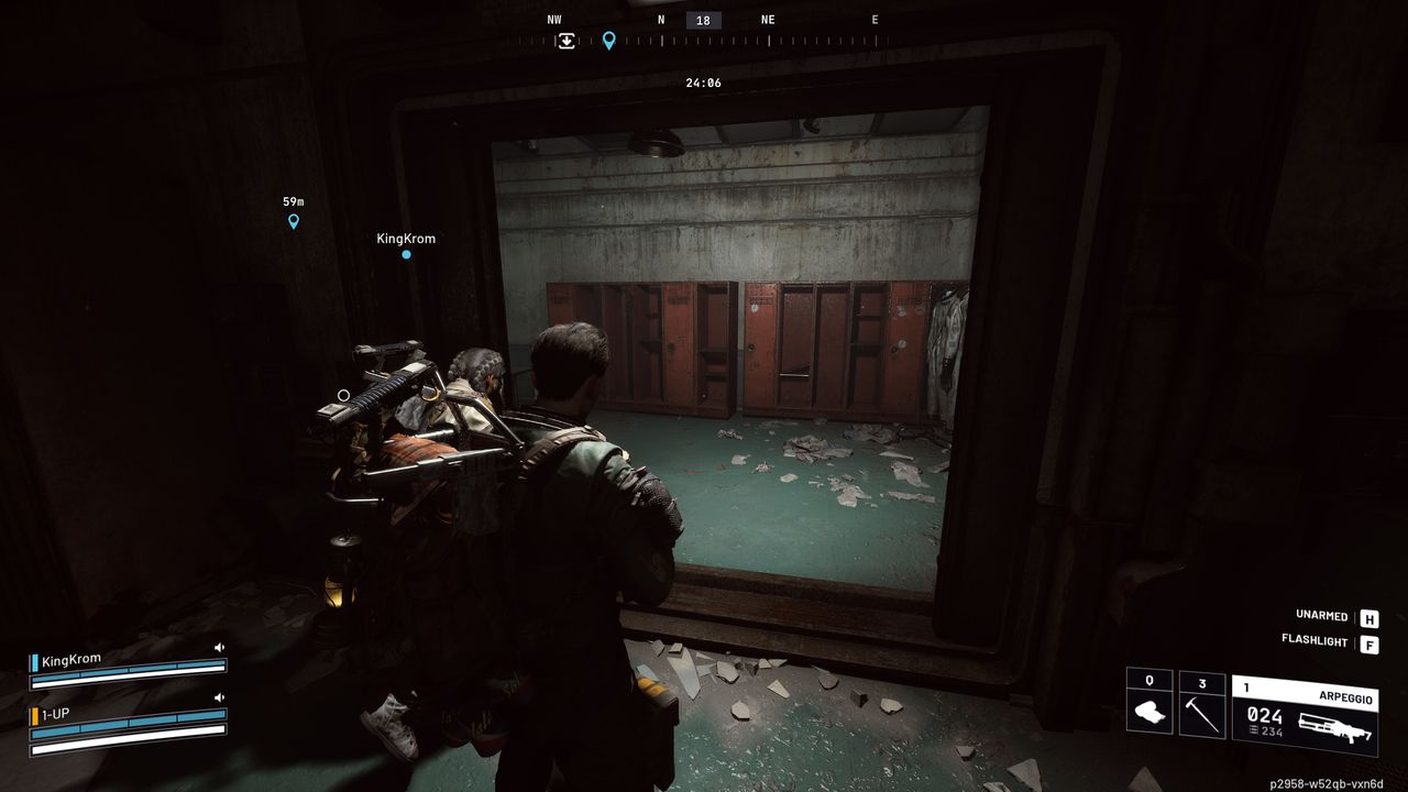 Arc Raiders loot spot: Two players stood in the dark doorway of a small room with red lockers inside the Power Generation Complex on Dam Battlegrounds.