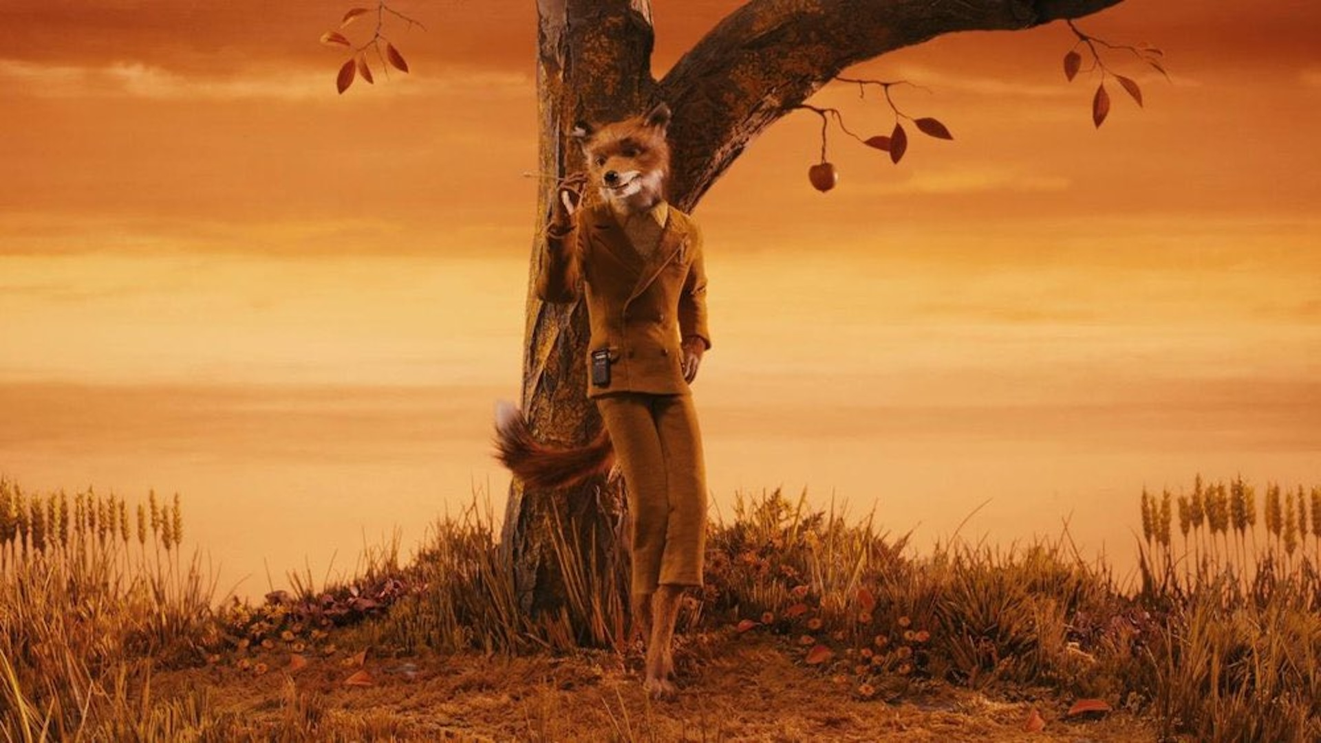 Fantastic Mr Fox leaning against a tree