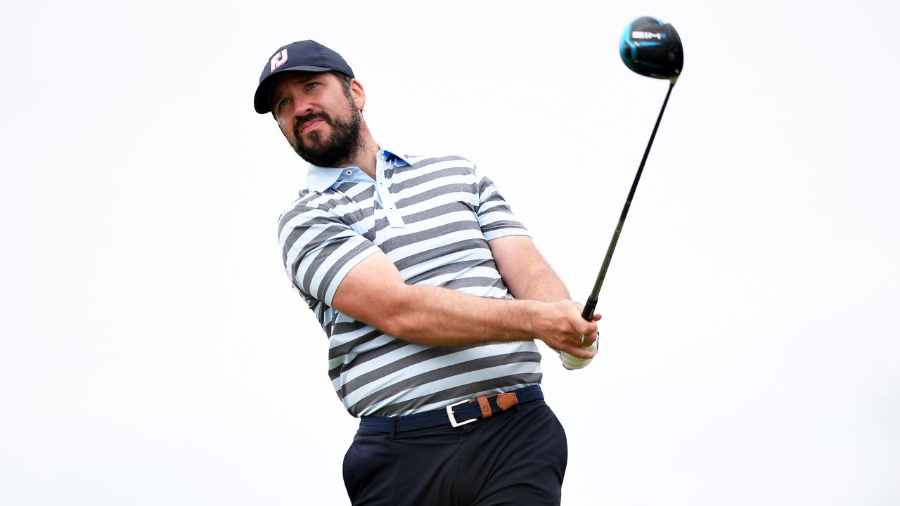 Peter Finch tees off from the 18th tee during Regional Qualifying for the 149th Open at The West Lancashire Golf Club on June 27, 2021 in Liverpool, England.