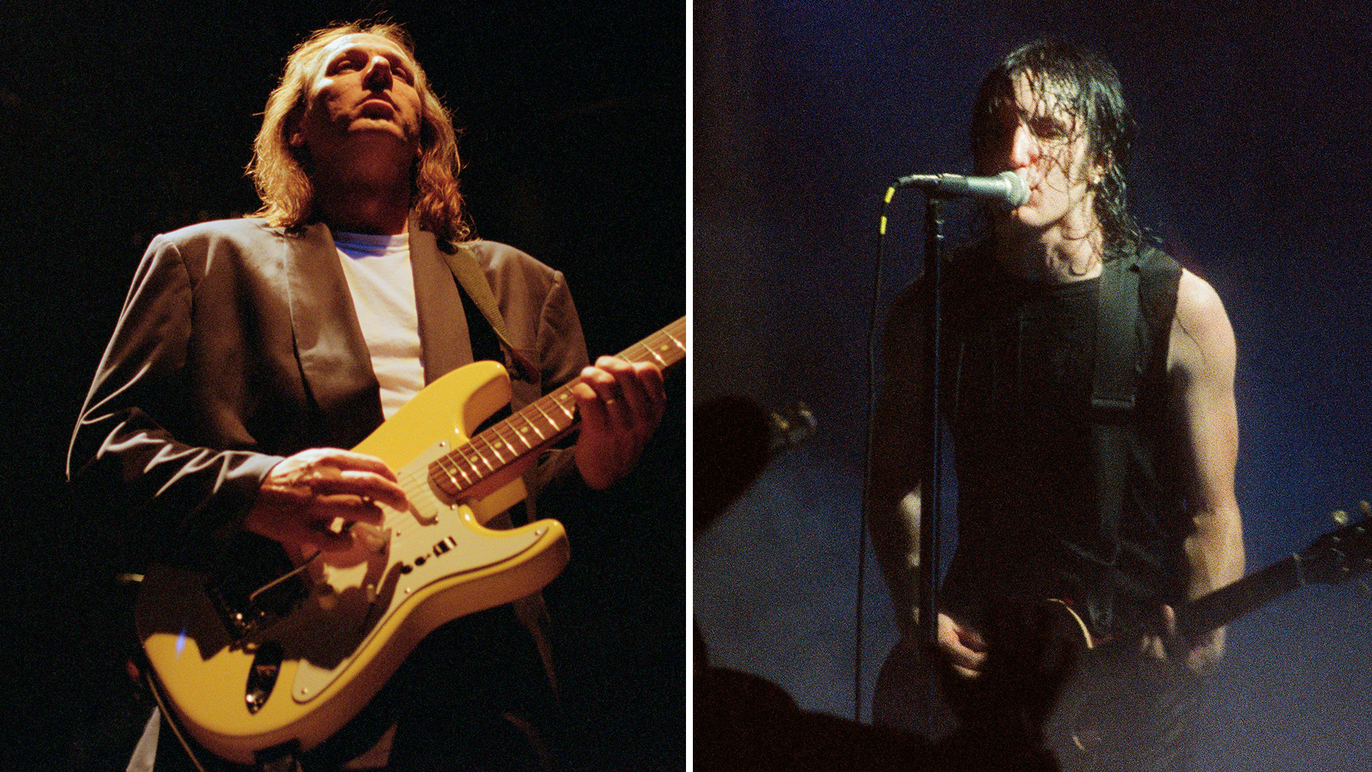 American musician and guitarist Adrian Belew performs live on stage with English rock group King Crimson at the Royal Albert Hall in London on 17th May 1995 / Trent Reznor of Nine Inch Nails performs on stage at Brixton Academy on May 25th, 1994 in London, England