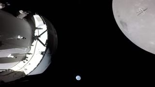 A photo of the moon and Earth taken by cameras on board NASA's Orion capsule as it makes a close approach to the lunar surface.