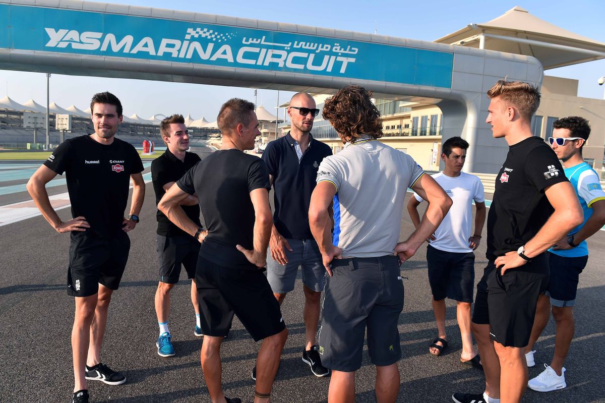 Riders gather before the Abu Dhabi Tour opening press conference