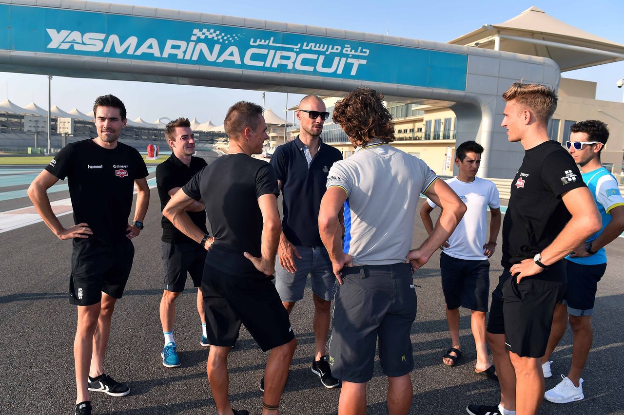 Riders gather before the Abu Dhabi Tour opening press conference