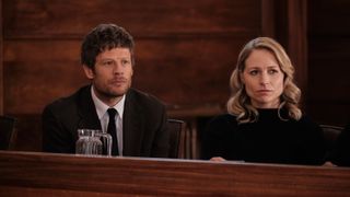 Pete and Maddie in court wearing black and looking serious in Playing Nice