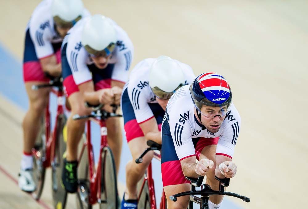 Mark Cavendish leads the team pursuit quartet