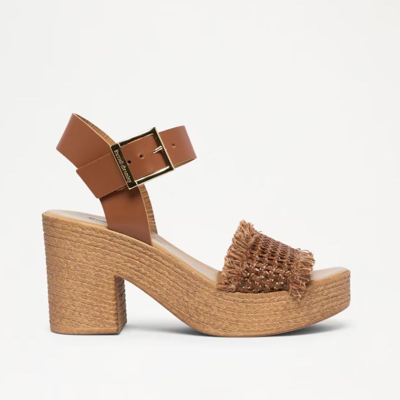 raffia chunky heeled shoes with brown leather straps