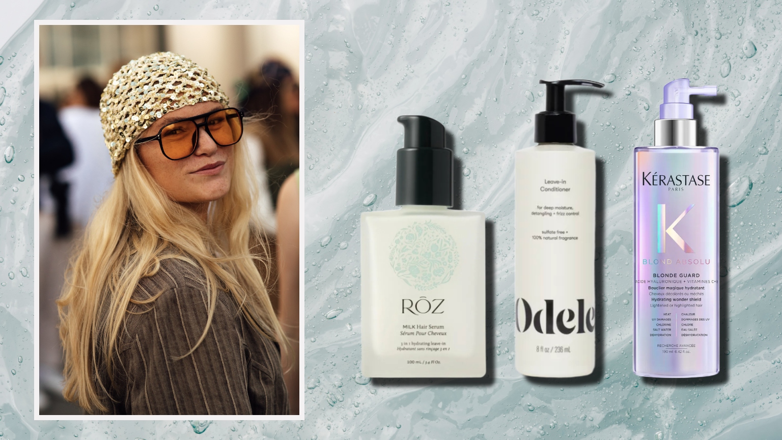 a blonde woman in sunglasses and a bandana on a light blue background with three bottles of leave-in conditioner to her right