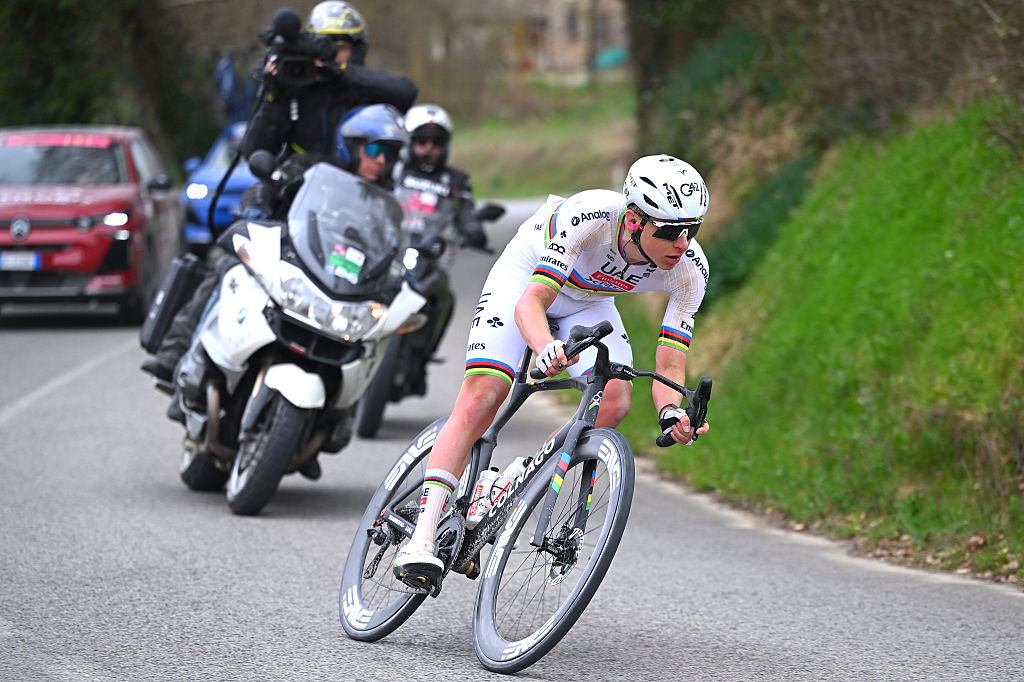 SIENA, ITALY - MARCH 07: Tadej Pogacar of Slovenia and UAE Team Emirates - XRG competes in the breakaway during the 20th Strade Bianche 2026 a 203km one day race from Siena to Siena / #UCIWT / on March 07, 2026 in Siena, Italy. (Photo by Tim de Waele/Getty Images)