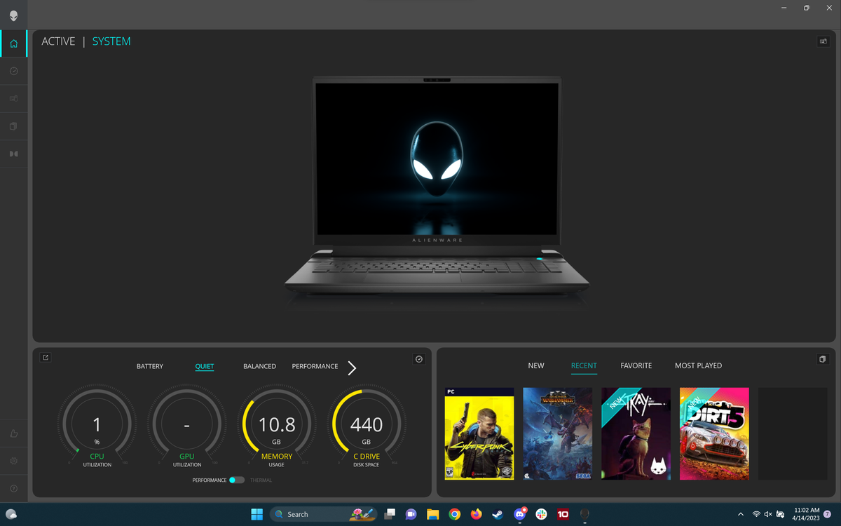 screenshot of Alienware Command Center