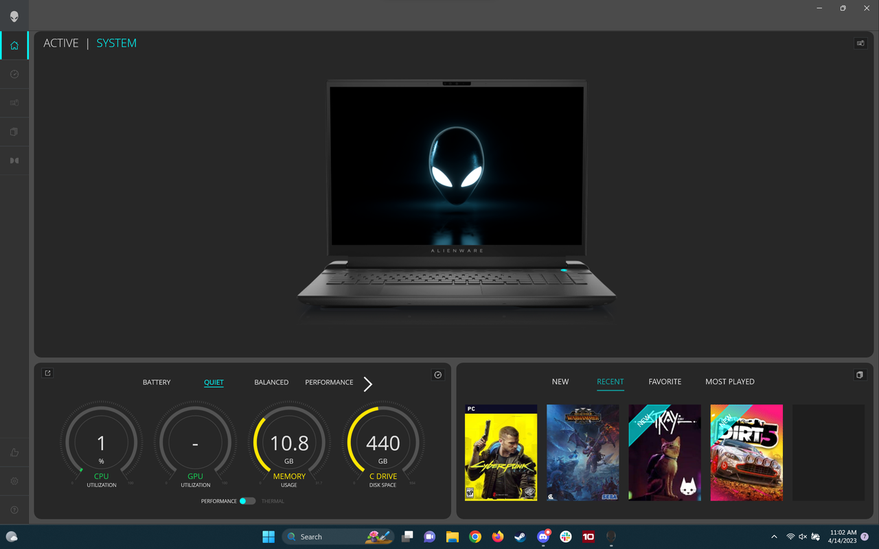 screenshot of Alienware Command Center